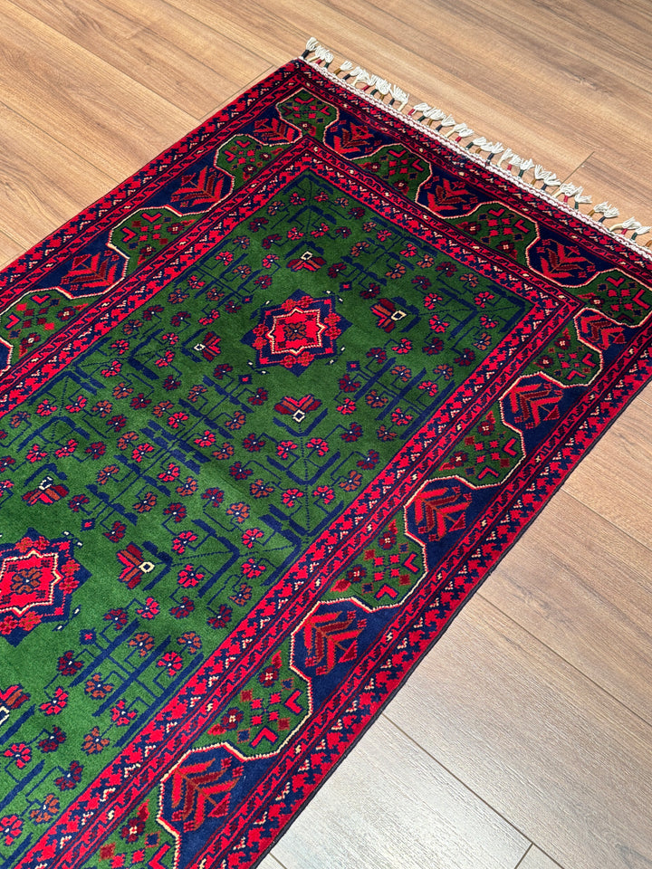 Afgan Halısı Yeşil Hamyap Yolluk Orijinal El Dokuması Kök Boya Yün 0.84x297 2.49 Metrekare - 3x10 ft
