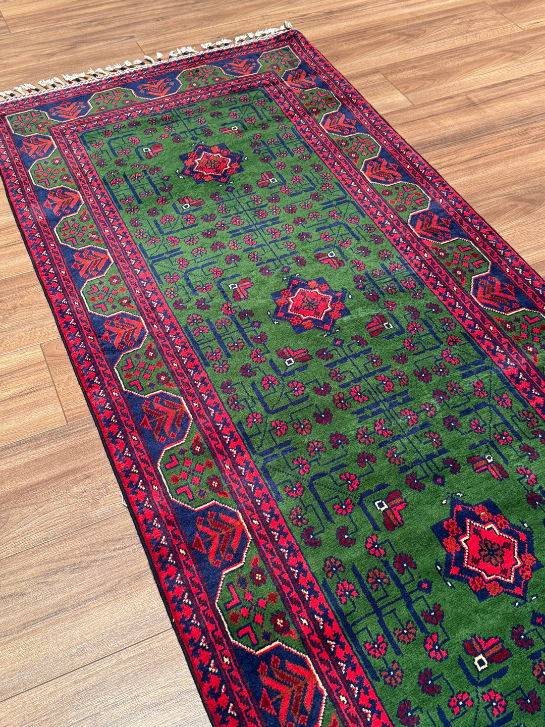 Afgan Halısı Yeşil Hamyap Yolluk Orijinal El Dokuması Kök Boya Yün 0.84x297 2.49 Metrekare - 3x10 ft