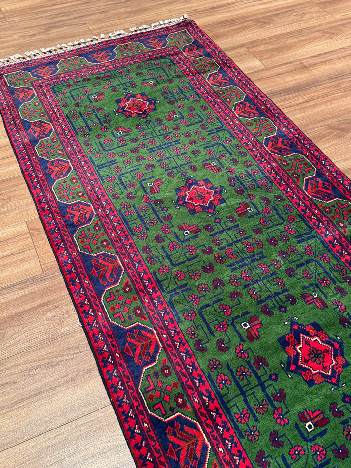 Afgan Halısı Yeşil Hamyap Yolluk Orijinal El Dokuması Kök Boya Yün 0.84x297 2.49 Metrekare - 3x10 ft