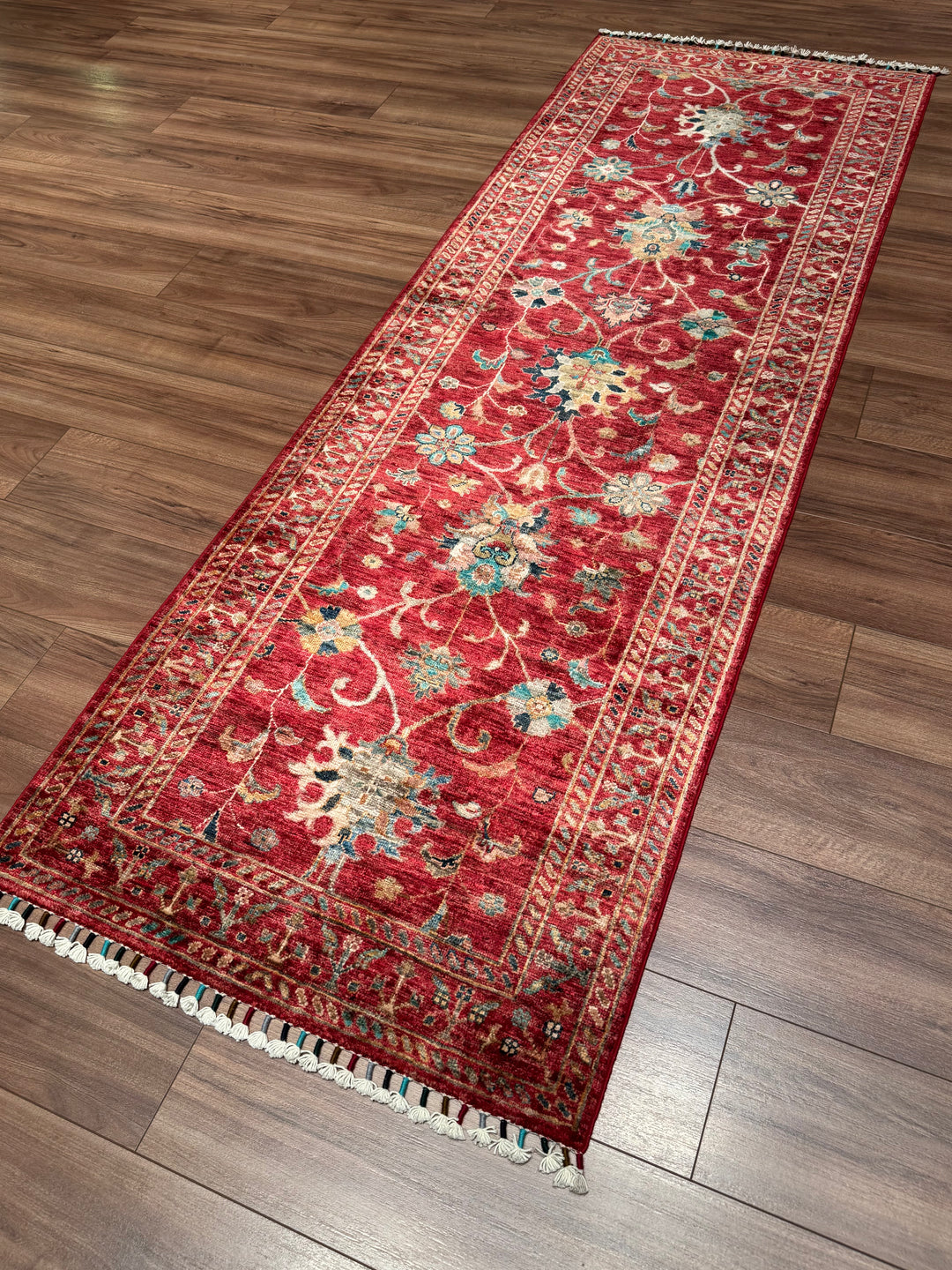 Sultani Binbirgece Runner Original Hand-Woven Red Vegetable Dyed Wool Carpet 0.83x244 2.03 Square Meters - 3x8 ft