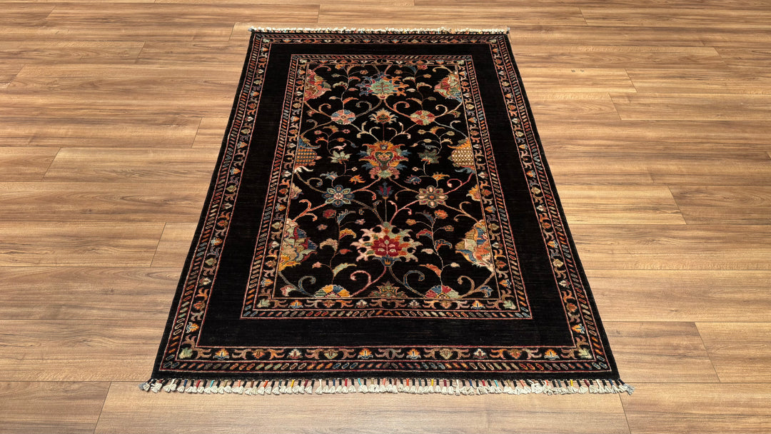 Sultani Binbirgece Orjinal El Dokuması Siyah Kök Boya Yün Halı 128x182 2.33 Metrekare - 4x6 ft