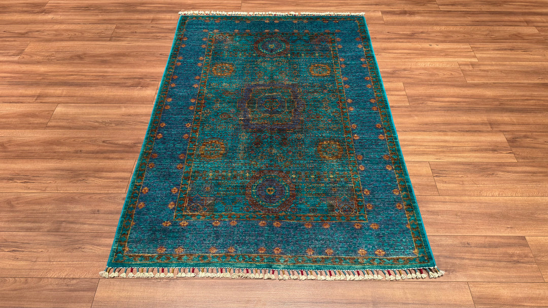 Memlük Orjinal El Dokuması Turkuaz Kök Boya Yün Halı 125x181 2.26 Metrekare - 4x6 ft