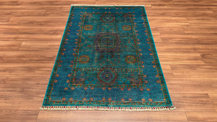 Mamluk Original Hand Woven Turquoise Vegetable Dyed Wool Carpet 125x181 2.26 Square Meters - 4x6 ft