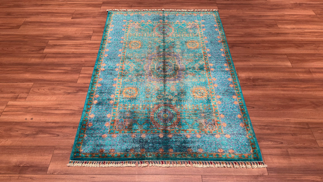 Mamluk Original Hand Woven Turquoise Vegetable Dyed Wool Carpet 125x181 2.26 Square Meters - 4x6 ft