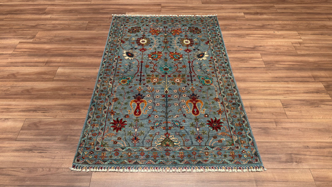 Sultani Çiçekli Orjinal El Dokuması Turkuaz Kök Boya Yün Halı 120x180 2.16 Metrekare - 4x6 ft