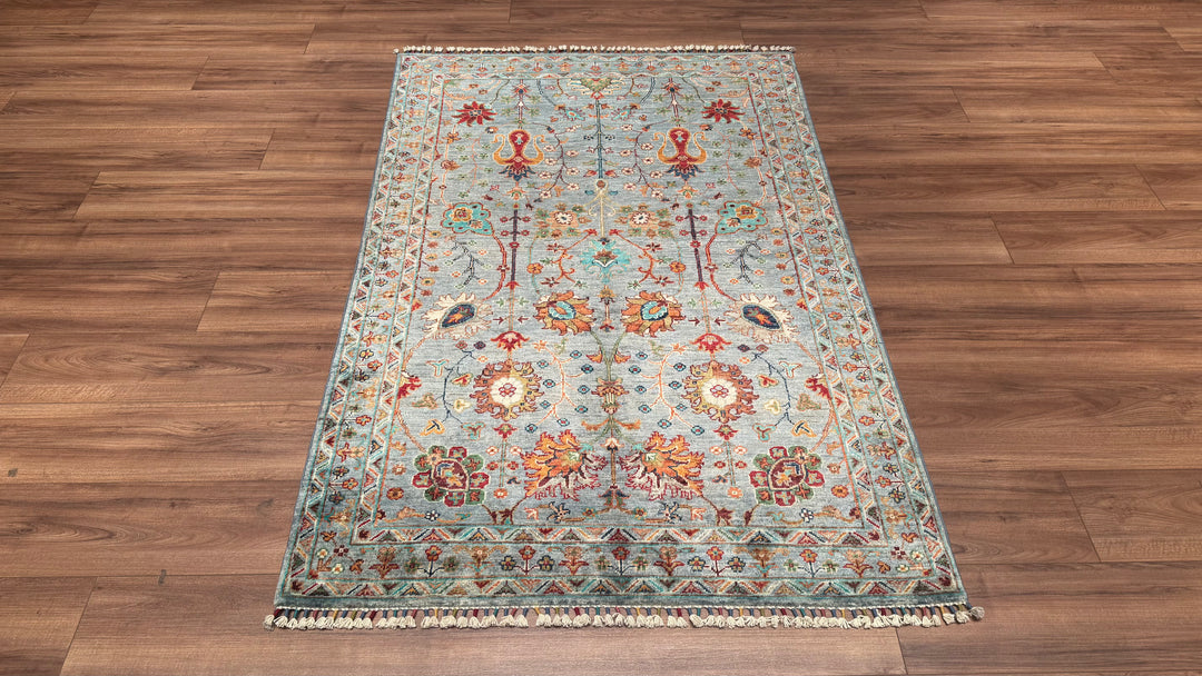 Sultani Çiçekli Orjinal El Dokuması Turkuaz Kök Boya Yün Halı 120x180 2.16 Metrekare - 4x6 ft