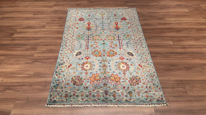 Sultani Çiçekli Orjinal El Dokuması Turkuaz Kök Boya Yün Halı 120x180 2.16 Metrekare - 4x6 ft