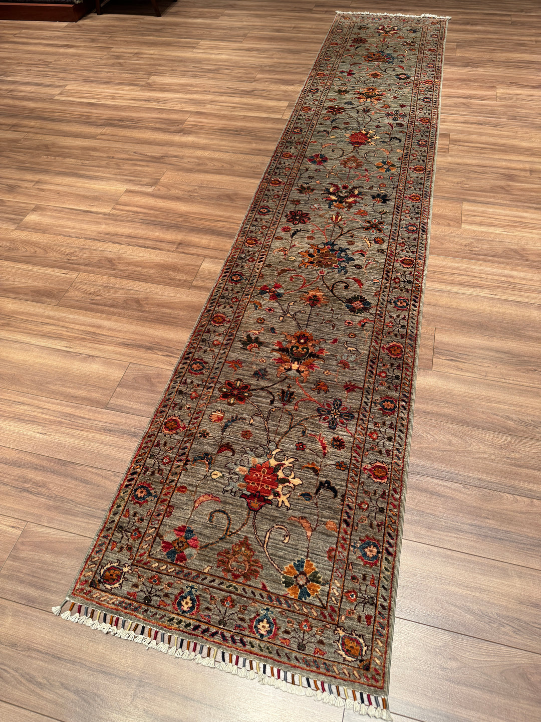Sultani Binbirgece Yolluk Orijinal El Dokuması Gri Kök Boya Yün Halı 0.78x402 3.14 Metrekare - 3x13 ft
