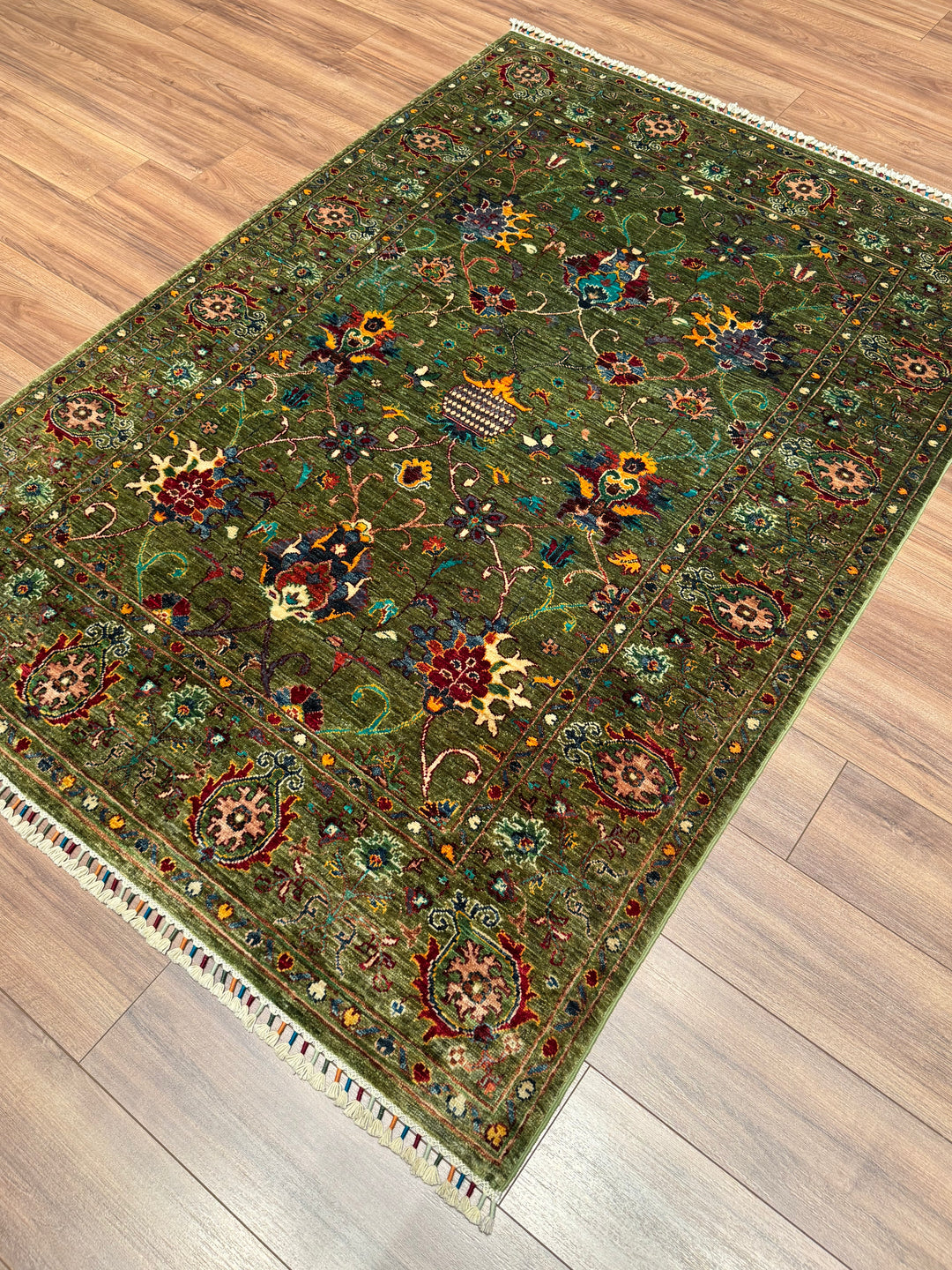 Sultani Binbirgece Orijinal El Dokuması Yeşil Kök Boya Yün Halı 146x208 3.04 Metrekare - 5x7 ft