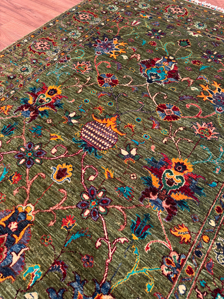 Sultani Binbirgece Orijinal El Dokuması Yeşil Kök Boya Yün Halı 146x208 3.04 Metrekare - 5x7 ft