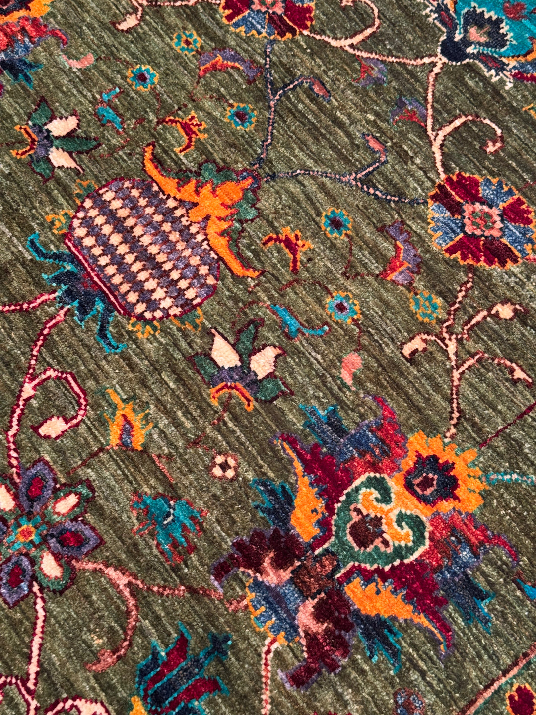 Sultani Binbirgece Orijinal El Dokuması Yeşil Kök Boya Yün Halı 146x208 3.04 Metrekare - 5x7 ft