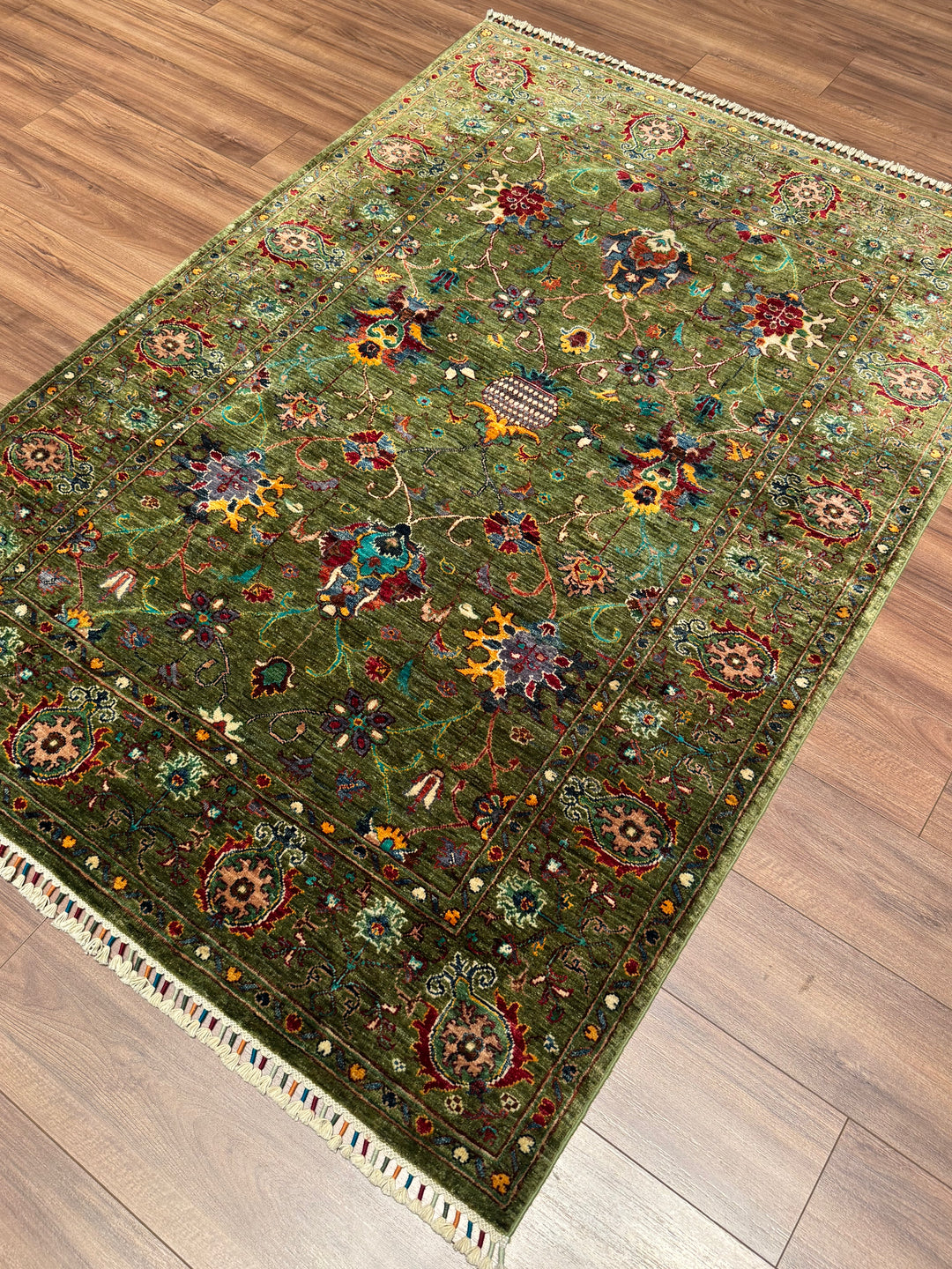 Sultani Binbirgece Orijinal El Dokuması Yeşil Kök Boya Yün Halı 146x208 3.04 Metrekare - 5x7 ft