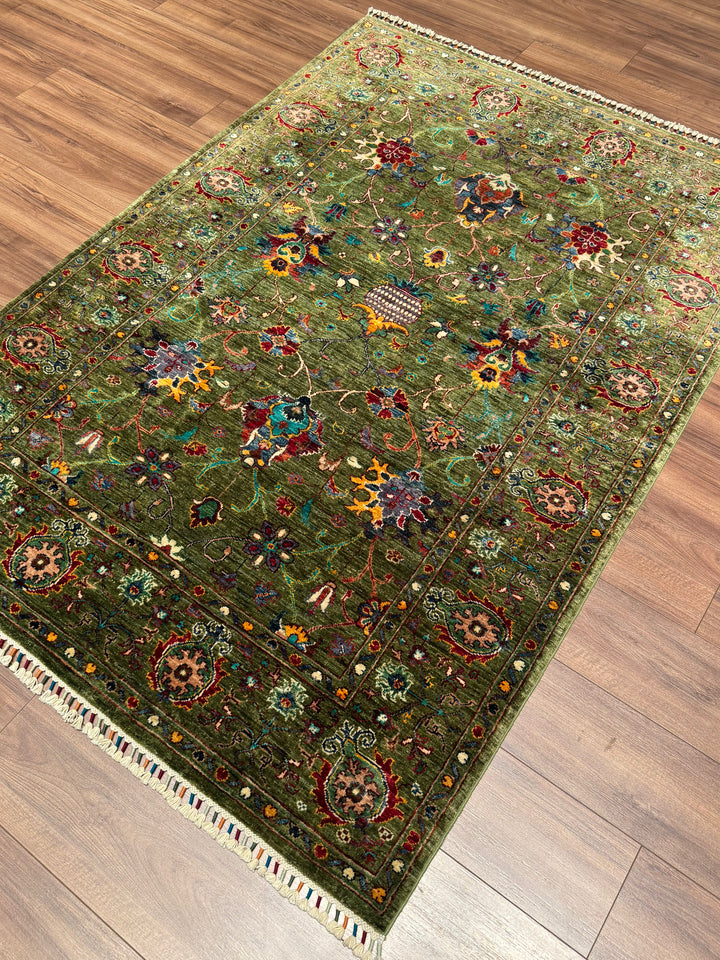 Sultani Binbirgece Orijinal El Dokuması Yeşil Kök Boya Yün Halı 146x208 3.04 Metrekare - 5x7 ft