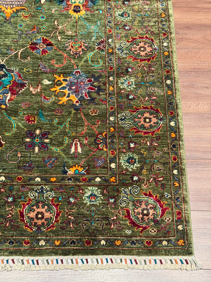 Sultani Binbirgece Orijinal El Dokuması Yeşil Kök Boya Yün Halı 146x208 3.04 Metrekare - 5x7 ft