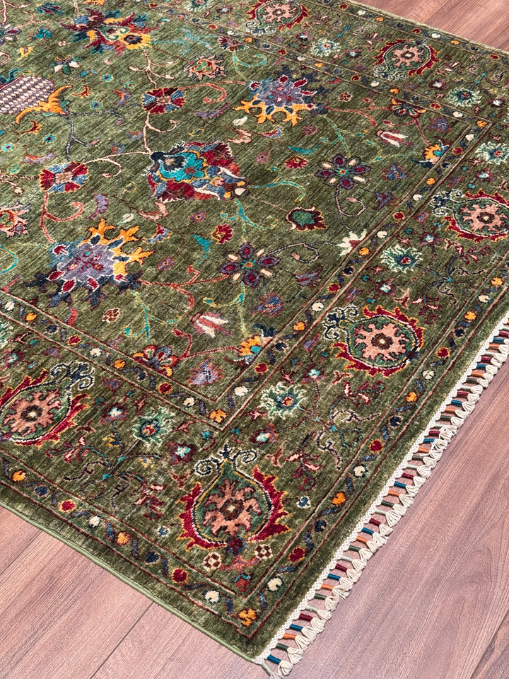 Sultani Binbirgece Orijinal El Dokuması Yeşil Kök Boya Yün Halı 146x208 3.04 Metrekare - 5x7 ft