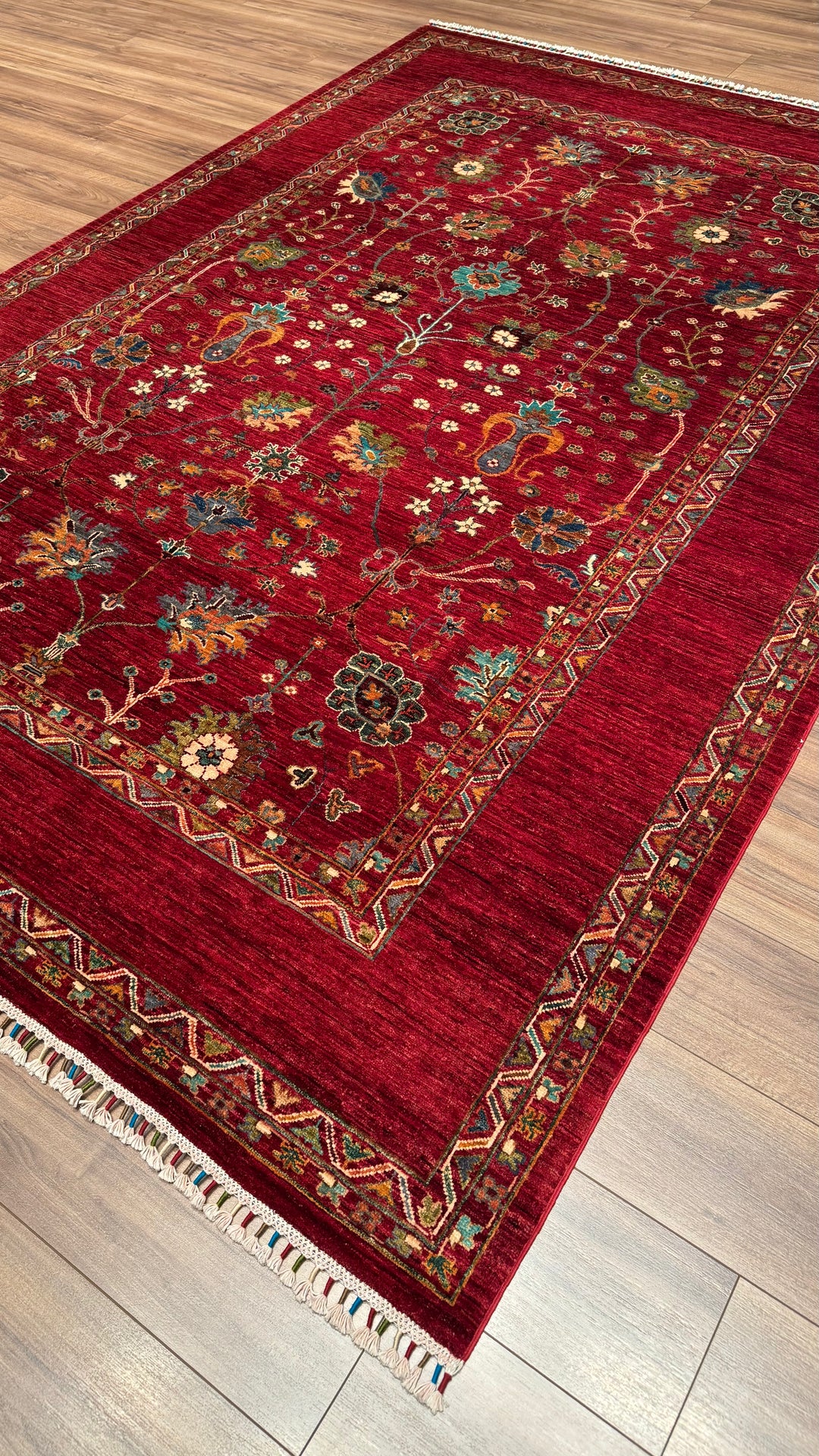 Sultani Floral Original Hand-Woven Red Vegetable Dyed Wool Carpet 206x298 6.14 Square Meters - 7x10 ft