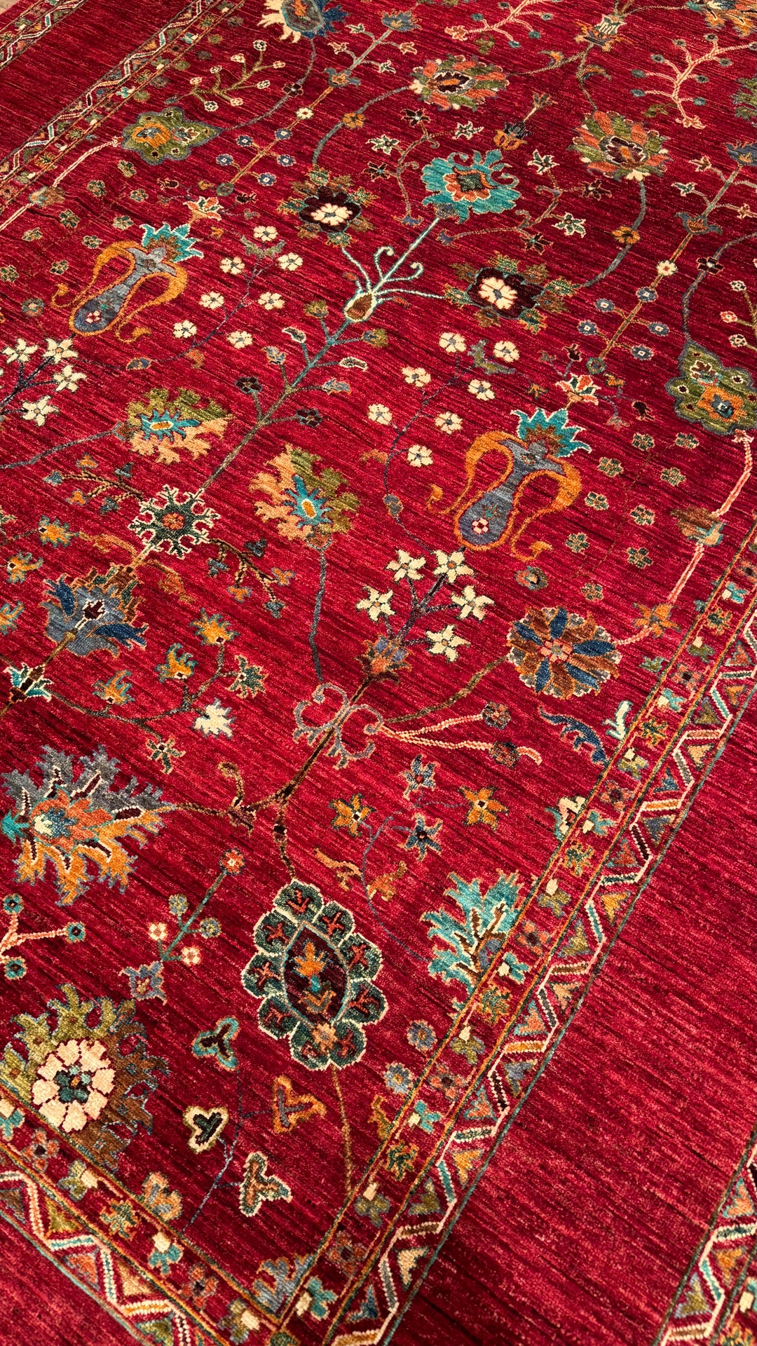 Sultani Floral Original Hand-Woven Red Vegetable Dyed Wool Carpet 206x298 6.14 Square Meters - 7x10 ft