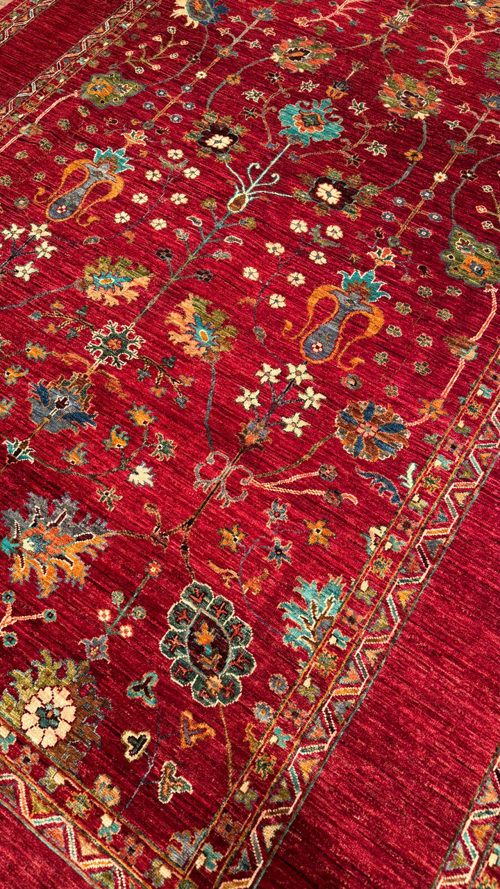 Sultani Floral Original Hand-Woven Red Vegetable Dyed Wool Carpet 206x298 6.14 Square Meters - 7x10 ft