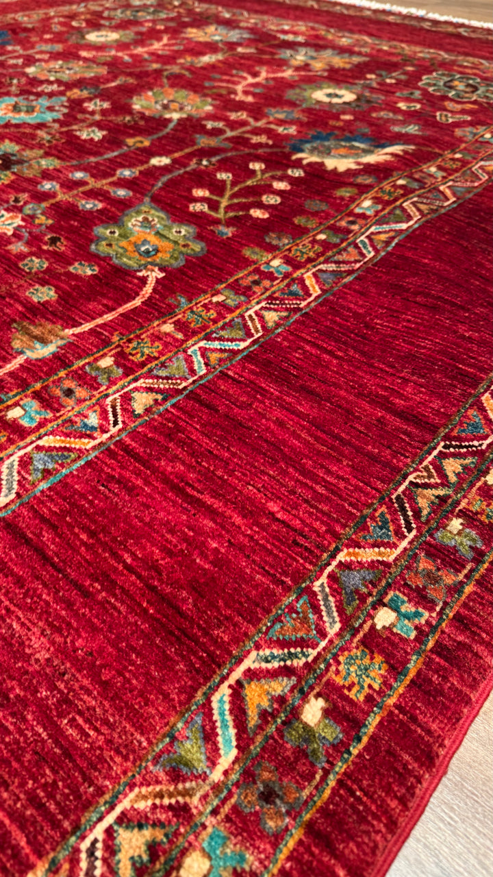 Sultani Floral Original Hand-Woven Red Vegetable Dyed Wool Carpet 206x298 6.14 Square Meters - 7x10 ft