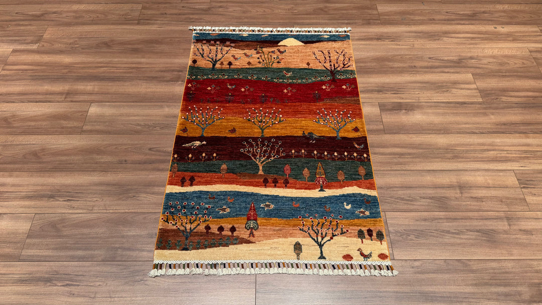 Sultani Tree Pattern Original Hand Woven Multi Vegetable Dyed Wool Carpet 0.87x128 1.11 Square Meters - 3x4 ft