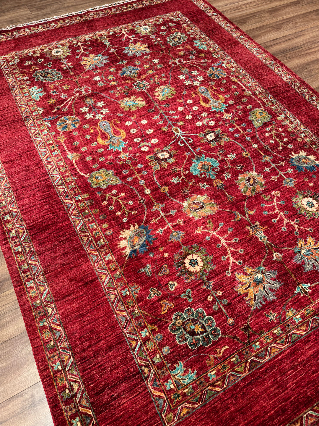 Sultani Floral Original Hand-Woven Red Vegetable Dyed Wool Carpet 206x298 6.14 Square Meters - 7x10 ft