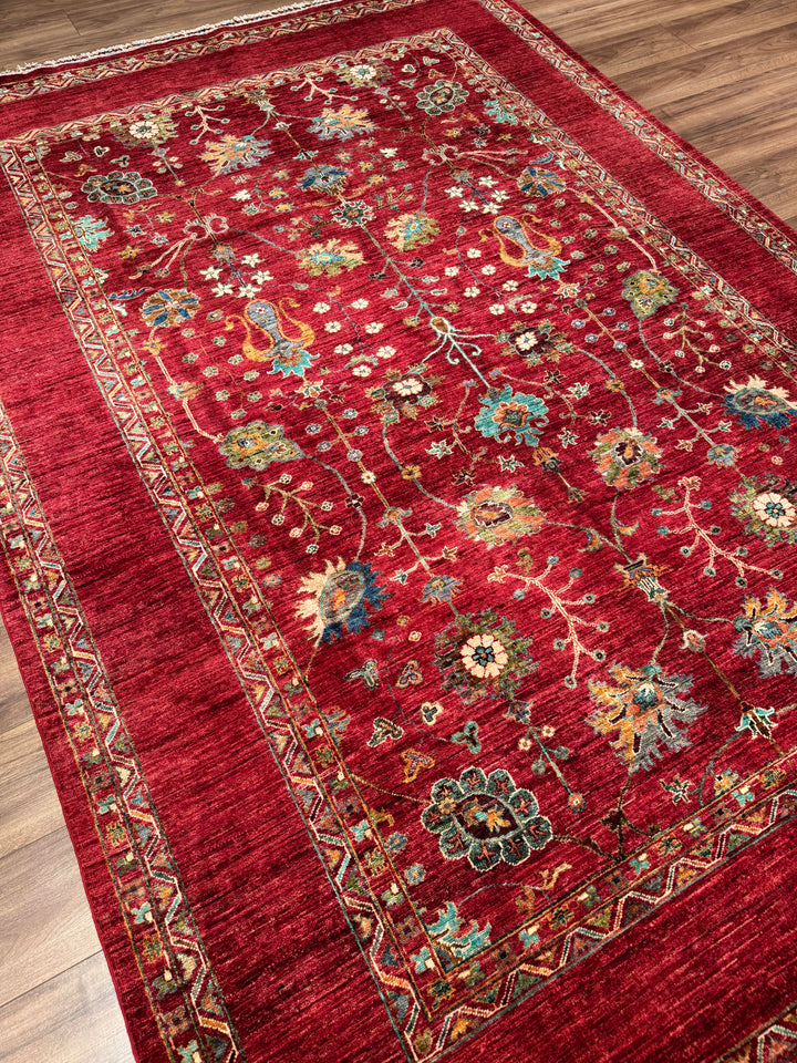 Sultani Floral Original Hand-Woven Red Vegetable Dyed Wool Carpet 206x298 6.14 Square Meters - 7x10 ft