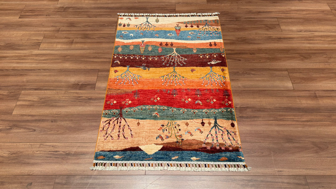 Sultani Tree Pattern Original Hand Woven Multi Vegetable Dyed Wool Carpet 0.87x128 1.11 Square Meters - 3x4 ft