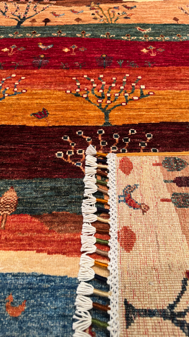 Sultani Tree Pattern Original Hand Woven Multi Vegetable Dyed Wool Carpet 0.87x128 1.11 Square Meters - 3x4 ft