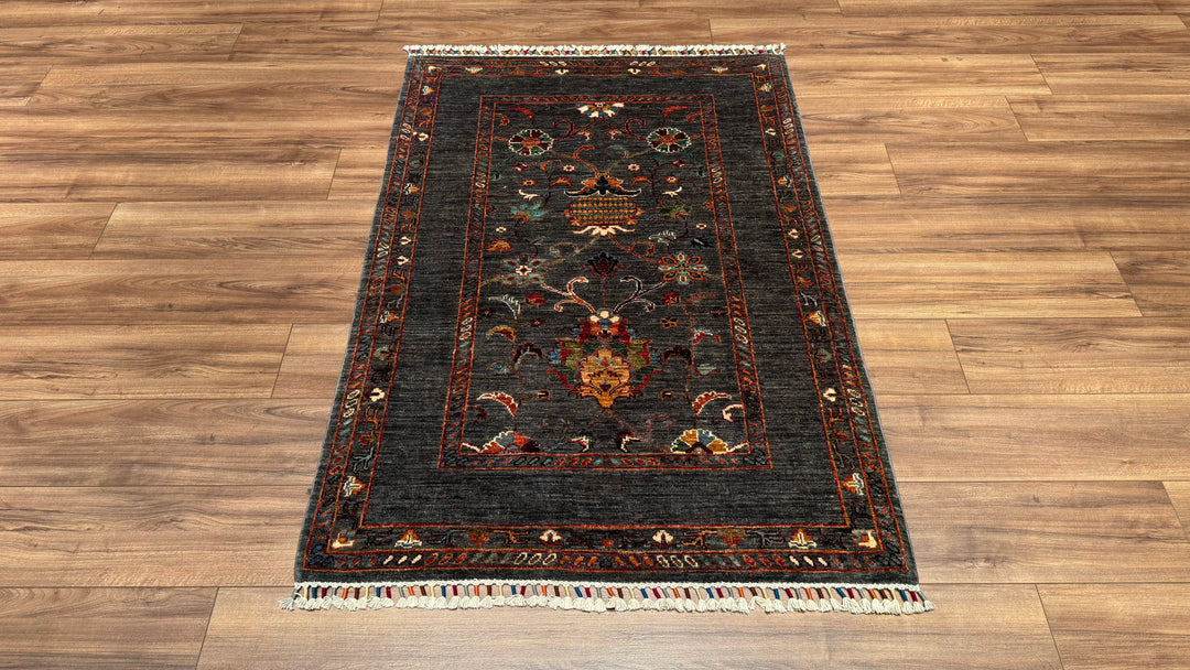 Sultani Floral Original Hand Woven Anthracite Vegetable Dyed Wool Carpet 106x155 1.64 Square Meters - 3x5 ft