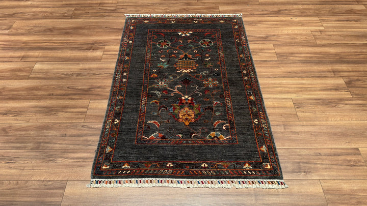 Sultani Çiçekli Orjinal El Dokuması Antrasit Kök Boya Yün Halı 106x155 1.64 Metrekare - 3x5 ft