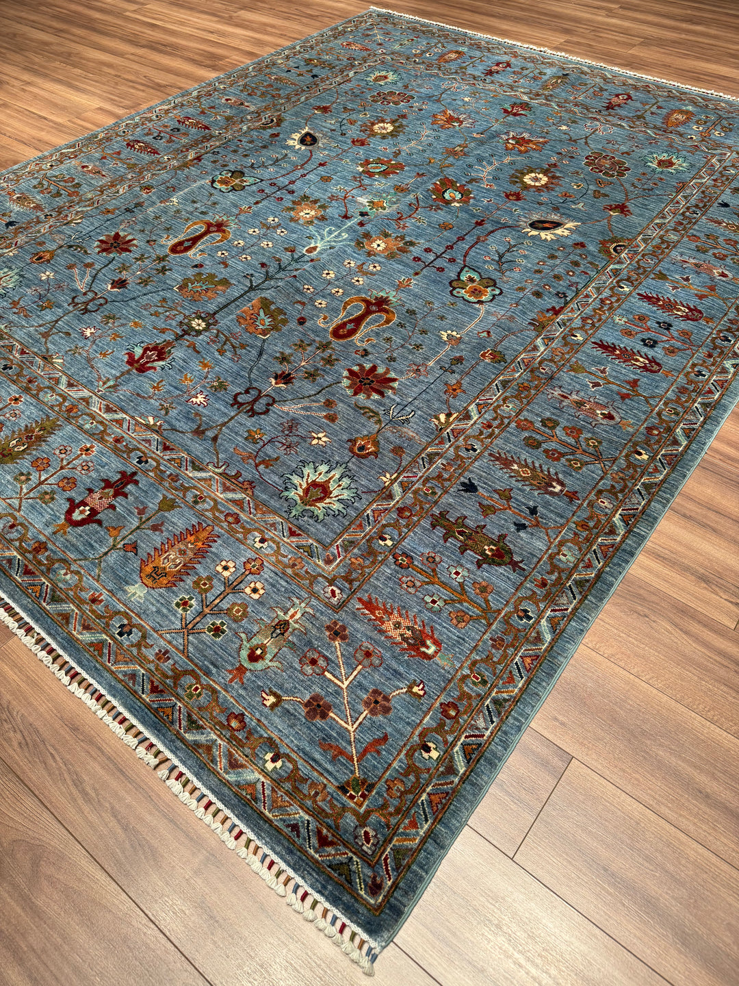 Sultani Çiçekli Orijinal El Dokuması Mavi Kök Boya Yün Halı 243x303 7.36 Metrekare - 8x10 ft