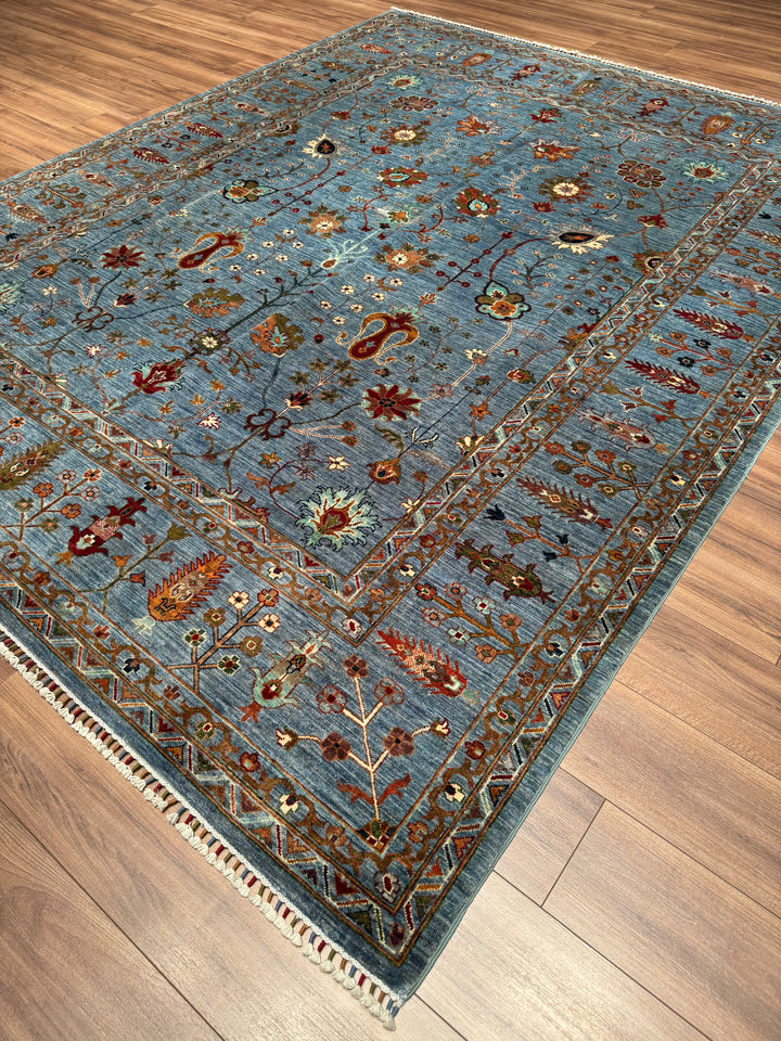 Sultani Çiçekli Orijinal El Dokuması Mavi Kök Boya Yün Halı 243x303 7.36 Metrekare - 8x10 ft