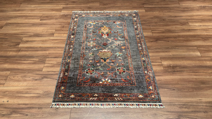 Sultani Floral Original Hand Woven Anthracite Vegetable Dyed Wool Carpet 106x155 1.64 Square Meters - 3x5 ft