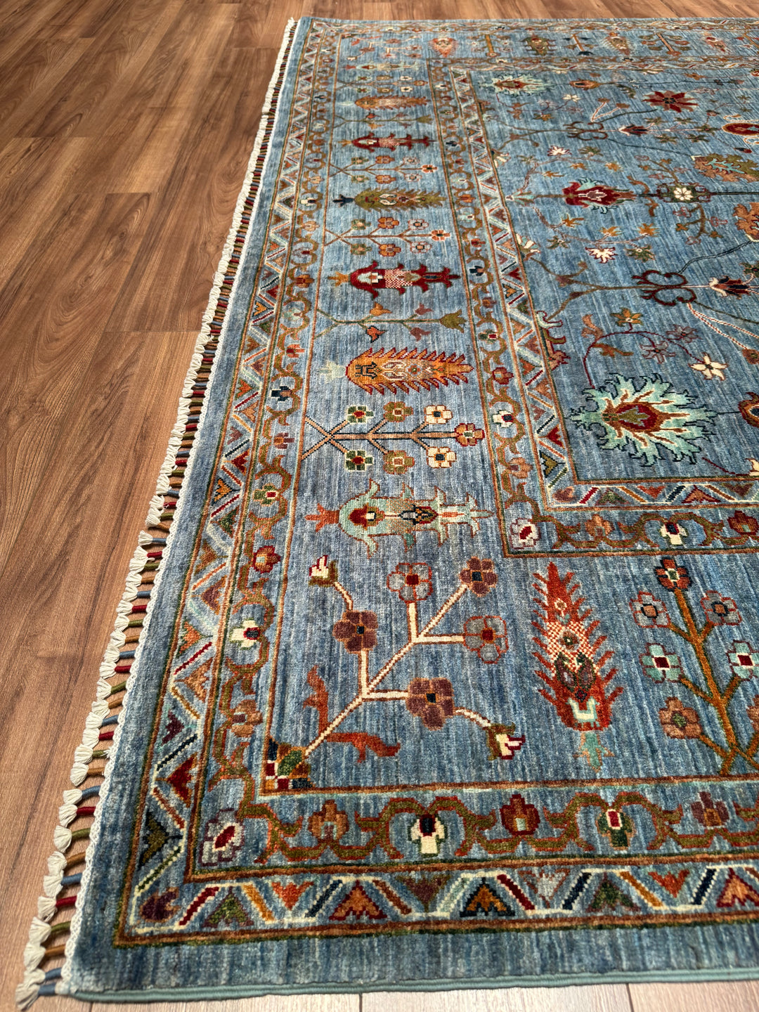 Sultani Çiçekli Orijinal El Dokuması Mavi Kök Boya Yün Halı 243x303 7.36 Metrekare - 8x10 ft