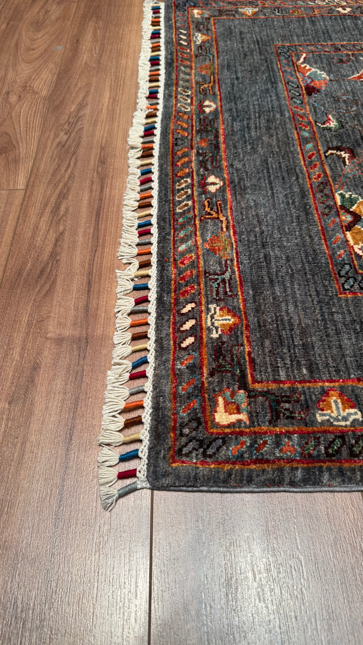 Sultani Floral Original Hand Woven Anthracite Vegetable Dyed Wool Carpet 106x155 1.64 Square Meters - 3x5 ft