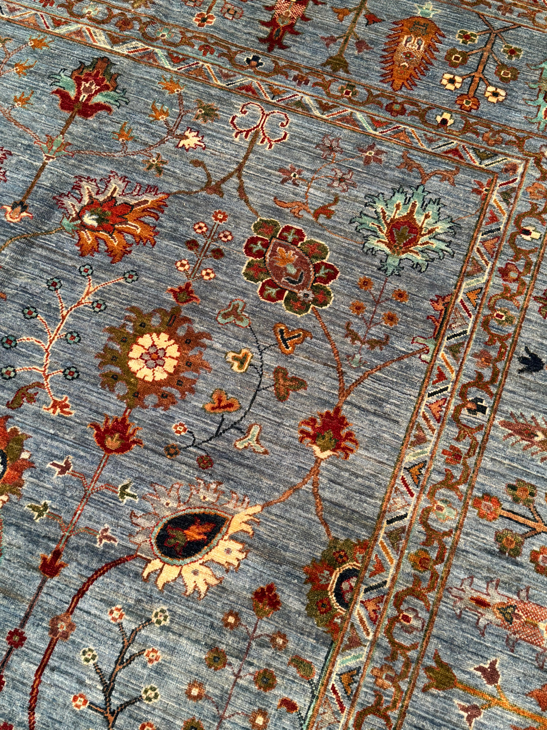 Sultani Çiçekli Orijinal El Dokuması Mavi Kök Boya Yün Halı 243x303 7.36 Metrekare - 8x10 ft