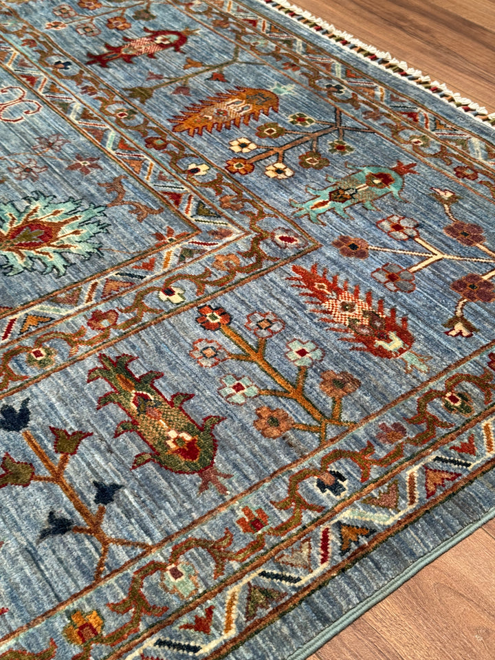 Sultani Çiçekli Orijinal El Dokuması Mavi Kök Boya Yün Halı 243x303 7.36 Metrekare - 8x10 ft