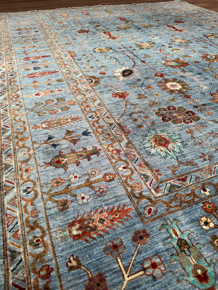 Sultani Çiçekli Orijinal El Dokuması Mavi Kök Boya Yün Halı 243x303 7.36 Metrekare - 8x10 ft