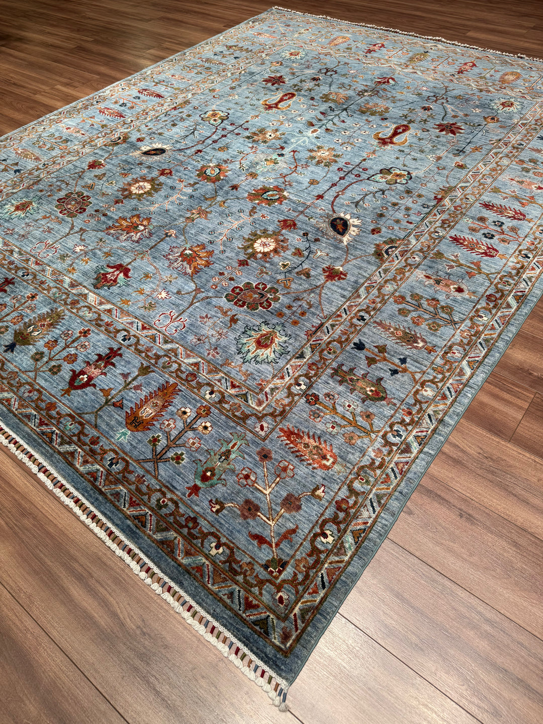 Sultani Çiçekli Orijinal El Dokuması Mavi Kök Boya Yün Halı 243x303 7.36 Metrekare - 8x10 ft