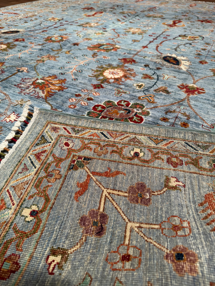 Sultani Çiçekli Orijinal El Dokuması Mavi Kök Boya Yün Halı 243x303 7.36 Metrekare - 8x10 ft