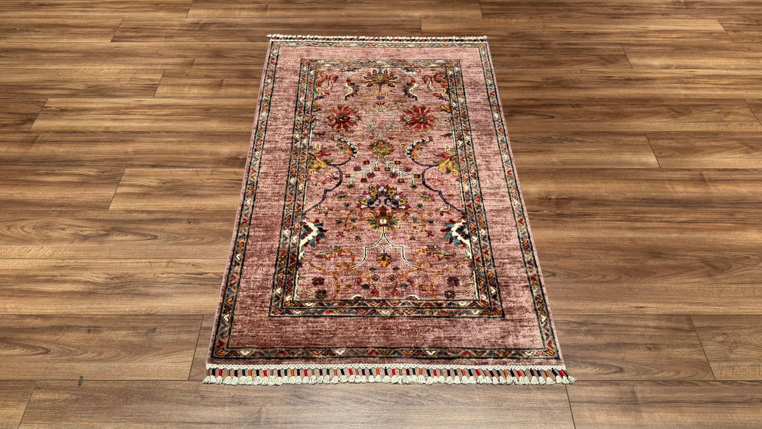 Sultani Binbirgece Orjinal El Dokuması Pembe Kök Boya Yün Halı 0.95x150 1.43 Metrekare - 3x5 ft