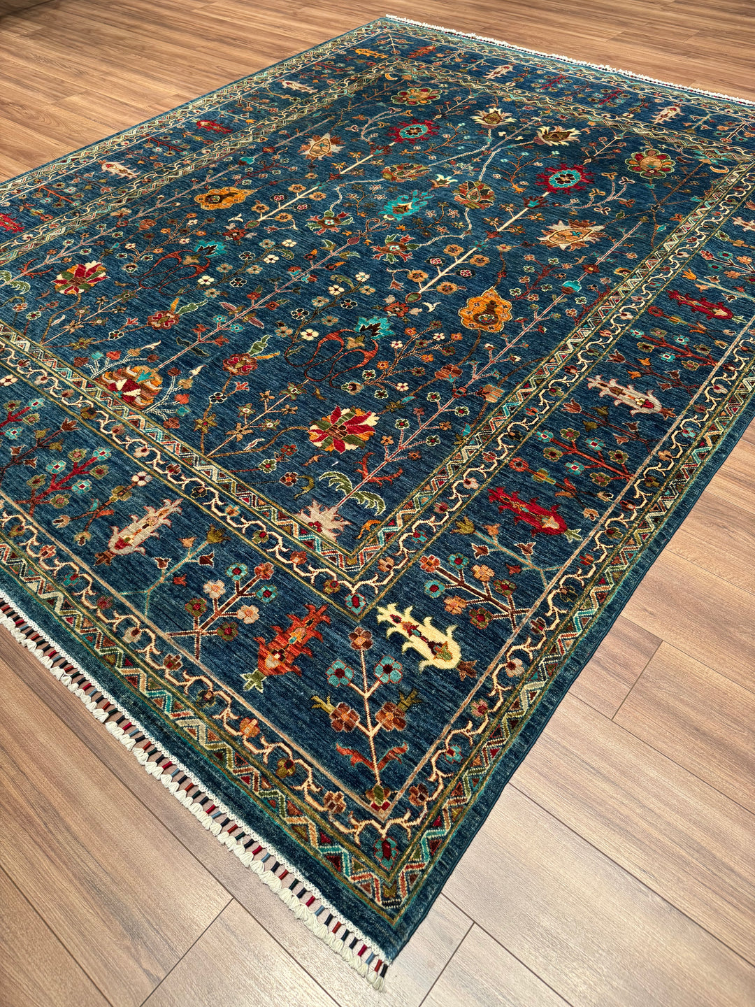 Sultani Çiçekli Orijinal El Dokuması Mavi Kök Boya Yün Halı 247x302 7.46 Metrekare - 8x10 ft