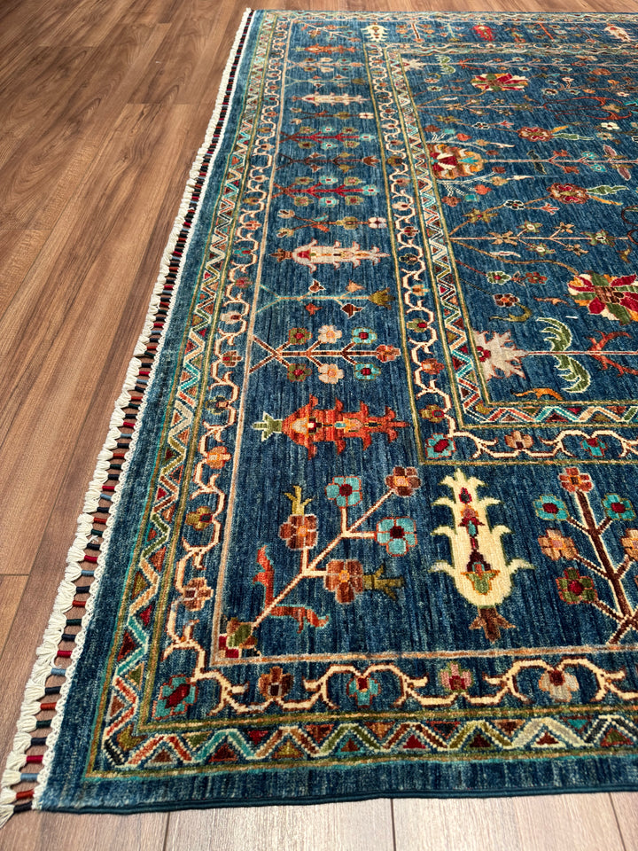 Sultani Çiçekli Orijinal El Dokuması Mavi Kök Boya Yün Halı 247x302 7.46 Metrekare - 8x10 ft