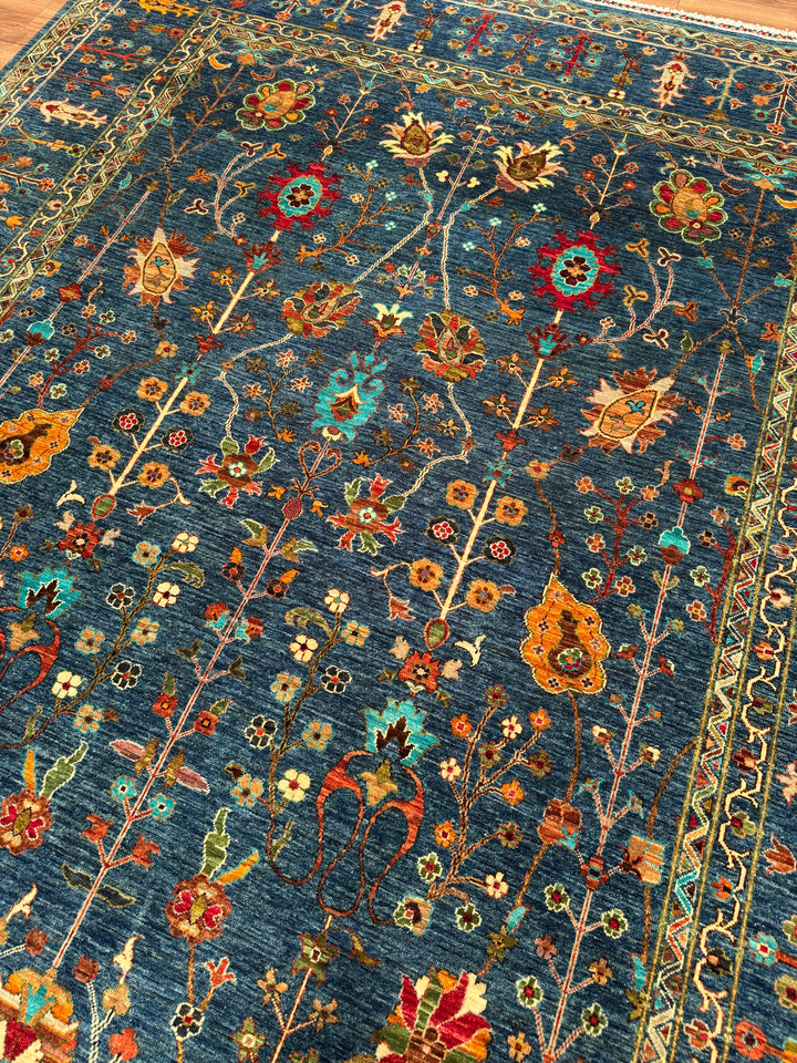 Sultani Çiçekli Orijinal El Dokuması Mavi Kök Boya Yün Halı 247x302 7.46 Metrekare - 8x10 ft