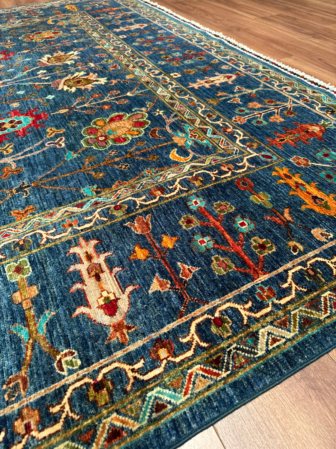 Sultani Çiçekli Orijinal El Dokuması Mavi Kök Boya Yün Halı 247x302 7.46 Metrekare - 8x10 ft