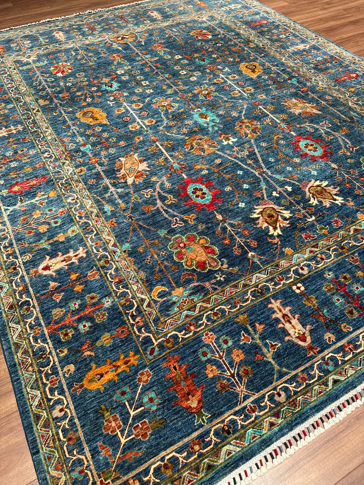 Sultani Çiçekli Orijinal El Dokuması Mavi Kök Boya Yün Halı 247x302 7.46 Metrekare - 8x10 ft