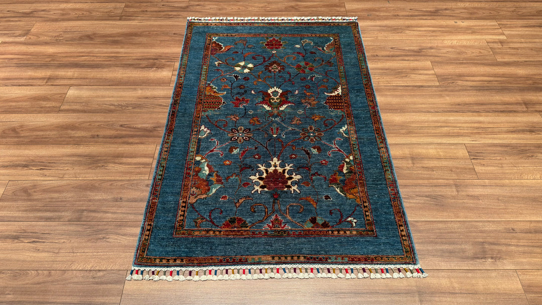 Sultani Çiçekli Orjinal El Dokuması Mavi Kök Boya Yün Halı 102x151 1.54 Metrekare - 3x5 ft