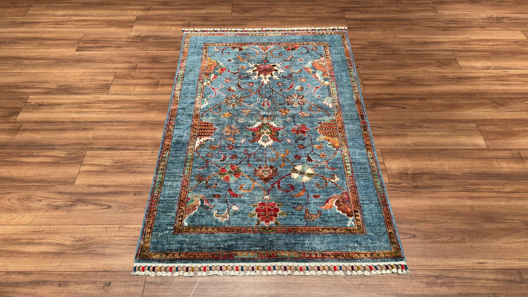 Sultani Floral Original Hand Woven Blue Vegetable Dyed Wool Carpet 102x151 1.54 Square Meters - 3x5 ft