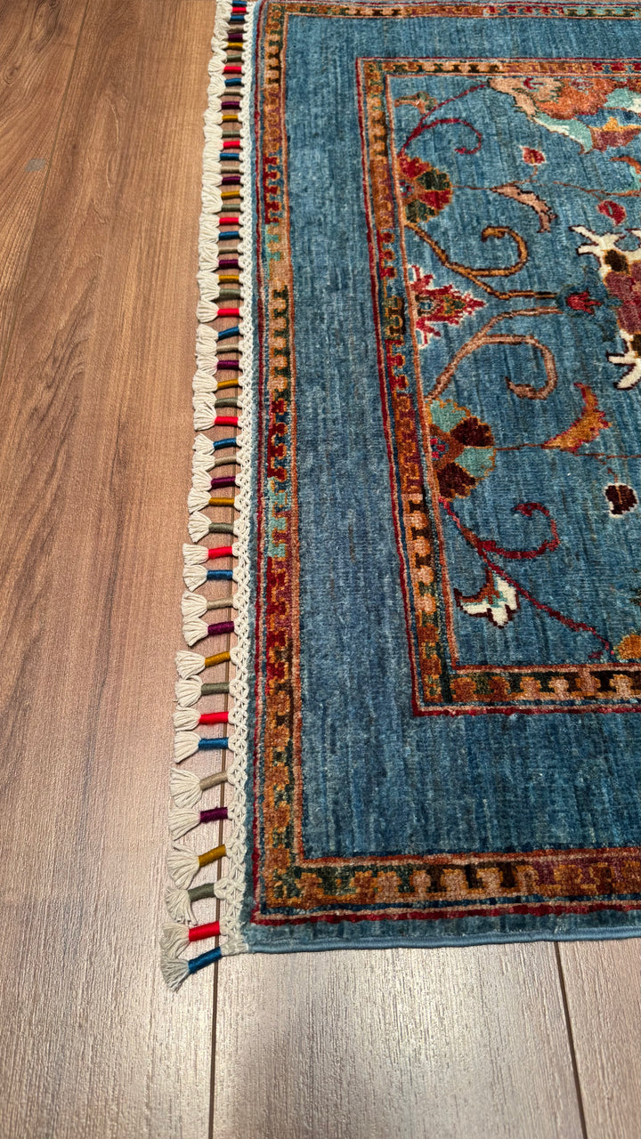 Sultani Floral Original Hand Woven Blue Vegetable Dyed Wool Carpet 102x151 1.54 Square Meters - 3x5 ft