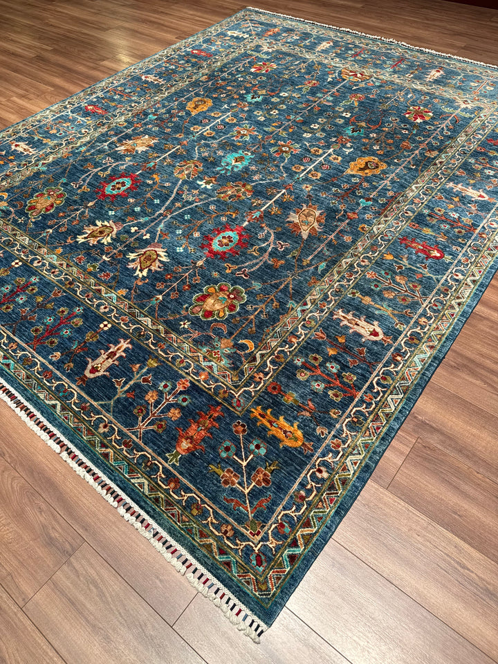 Sultani Çiçekli Orijinal El Dokuması Mavi Kök Boya Yün Halı 247x302 7.46 Metrekare - 8x10 ft